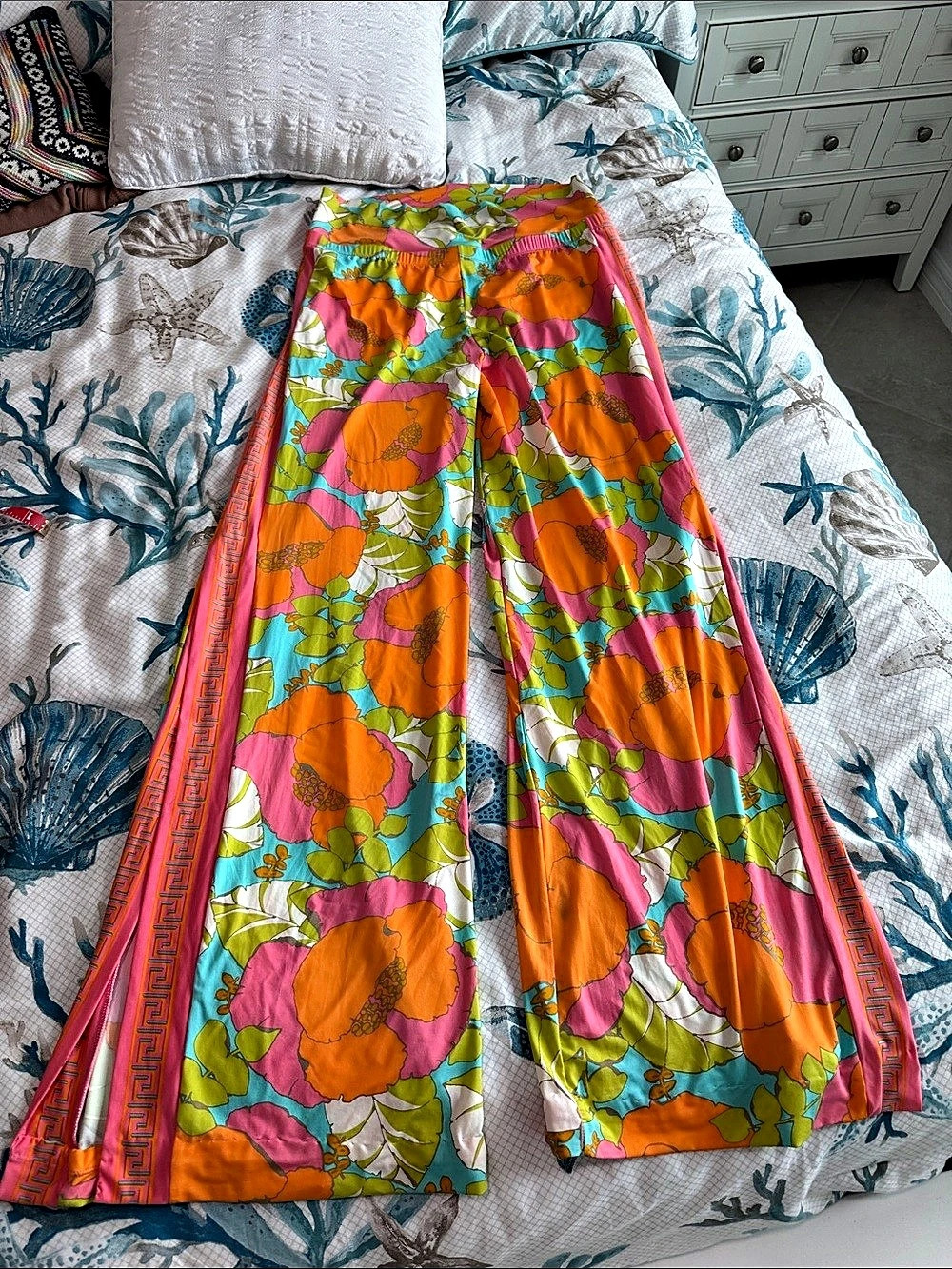 Trina Turk Playa De Flor Swim Cover Up Pants Floral Wide Leg Pants Pink & Orange